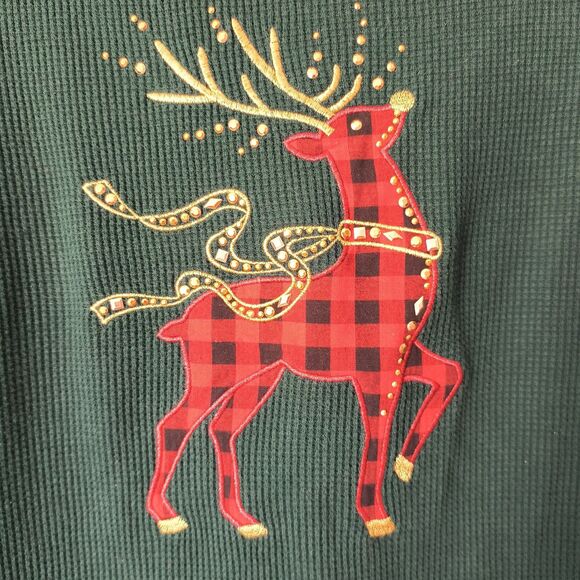 Quacker Factory Top 1X Green Waffle Knit Thermal Reindeer Holiday Bling - Picture 3 of 10